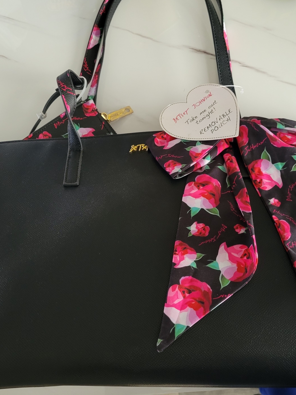 NWT Betsey Johnson Black Tote with Pink Floral Scarf Accent